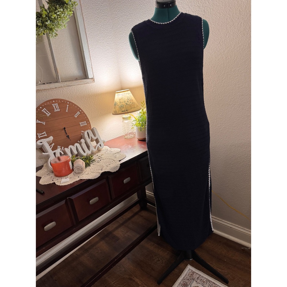 Abercrombie & Fitch Navy Knit Maxi Dress L White Contrast Trim Side Slits